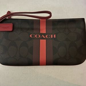 NWOT COACH Brown Monogram & True Red Varsity Stripe Zip Wallet